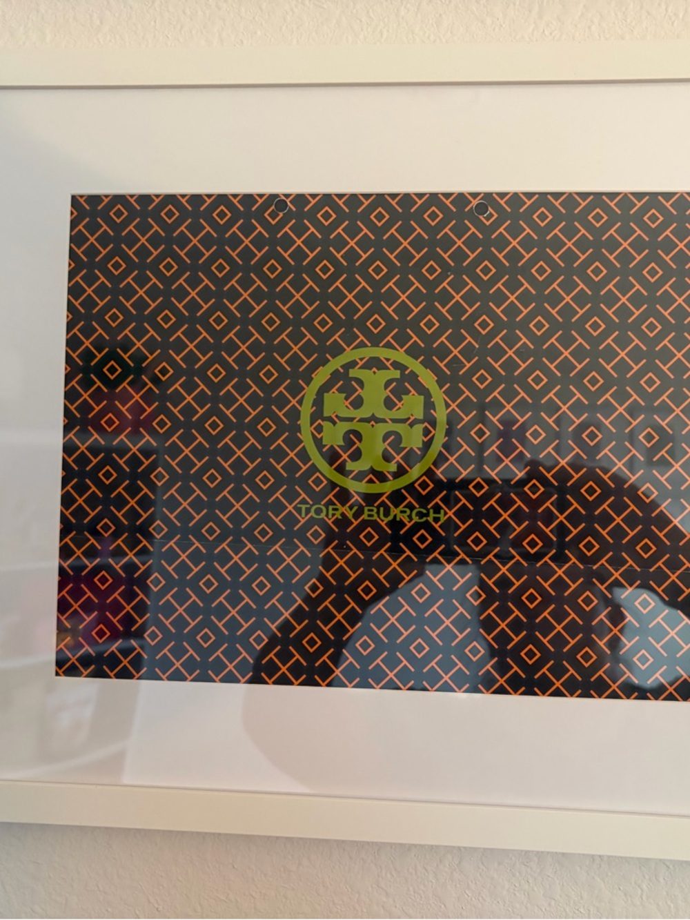 Tory Burch Logo Print on Navy with Orange Pattern Framed 12x16